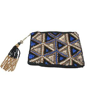 Glass Bead and Sequin Coin Purse Bag Wallet Blues Gold Tassle 4.5x4" India Nitin